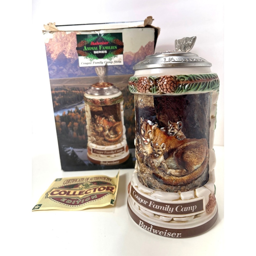 Budweiser Animal Families Series Cougar Family Camp Stein CS489 2001 Lid Box COA